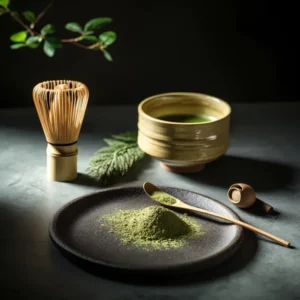 ผงชาเขียวบดด้วยหิน สีเขียวเข้ม เนียนละลายง่าย เก็บในที่เย็นแห้ง ยืดอายุรสชาติ