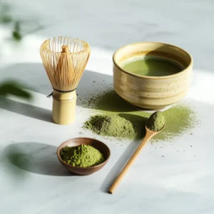 ผงมัทฉะบดด้วยหิน เนื้อเนียนละลายง่าย กลิ่นอูมามิ เหมาะชงมัทฉะลาเต้ สมูทตี้ และทำขนม