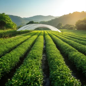 ทิวแถวไร่ชาเขียว ดูแลด้วยร่มเงาเพื่อคุณภาพผงมัทฉะ สีเขียวสวย รสกลมกล่อม